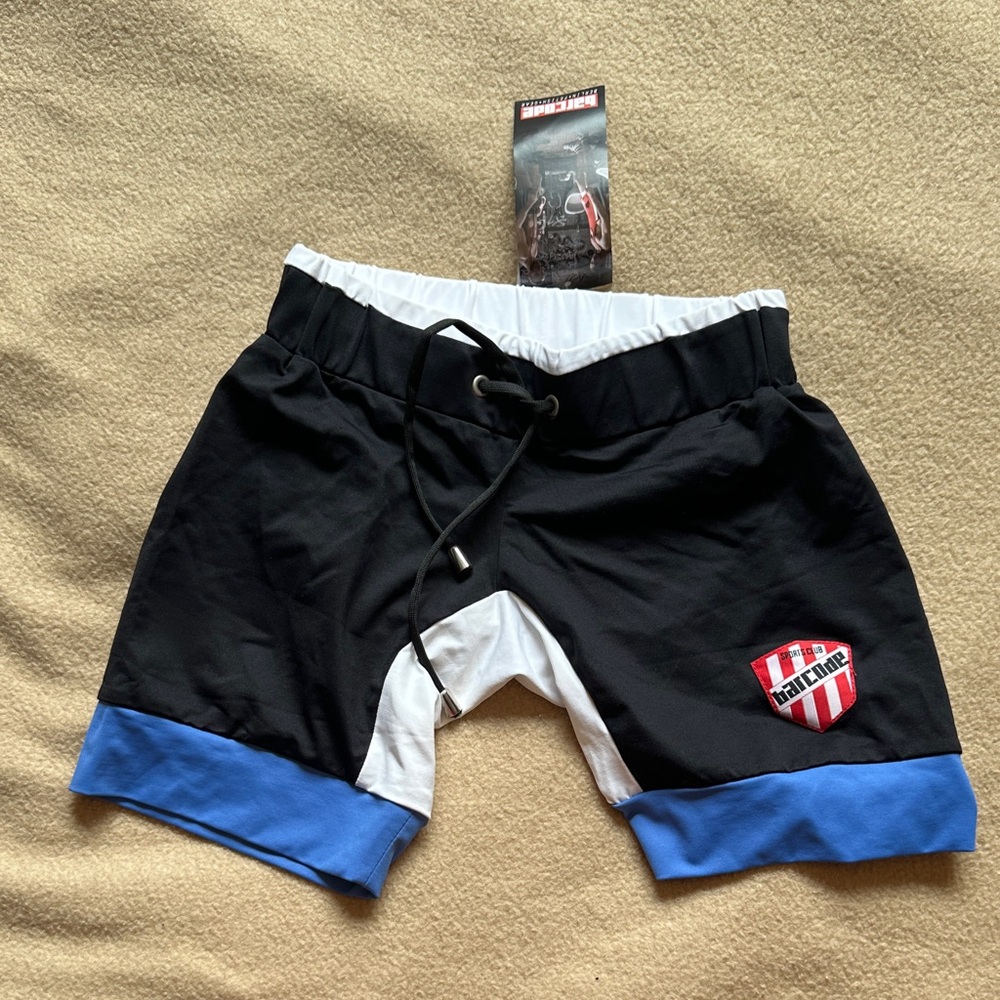 Barcode Berlin Men's Black Athletic Shorts with Blue Trim and Open Back